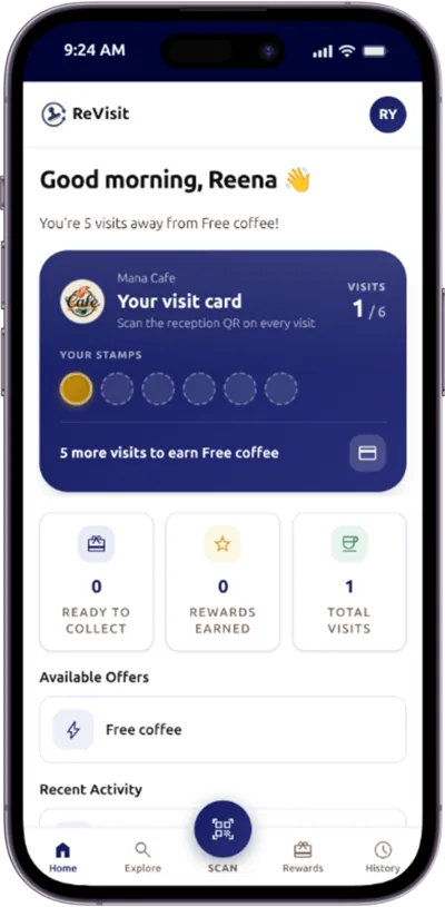 Customer digital visit card showing stamps and reward progress